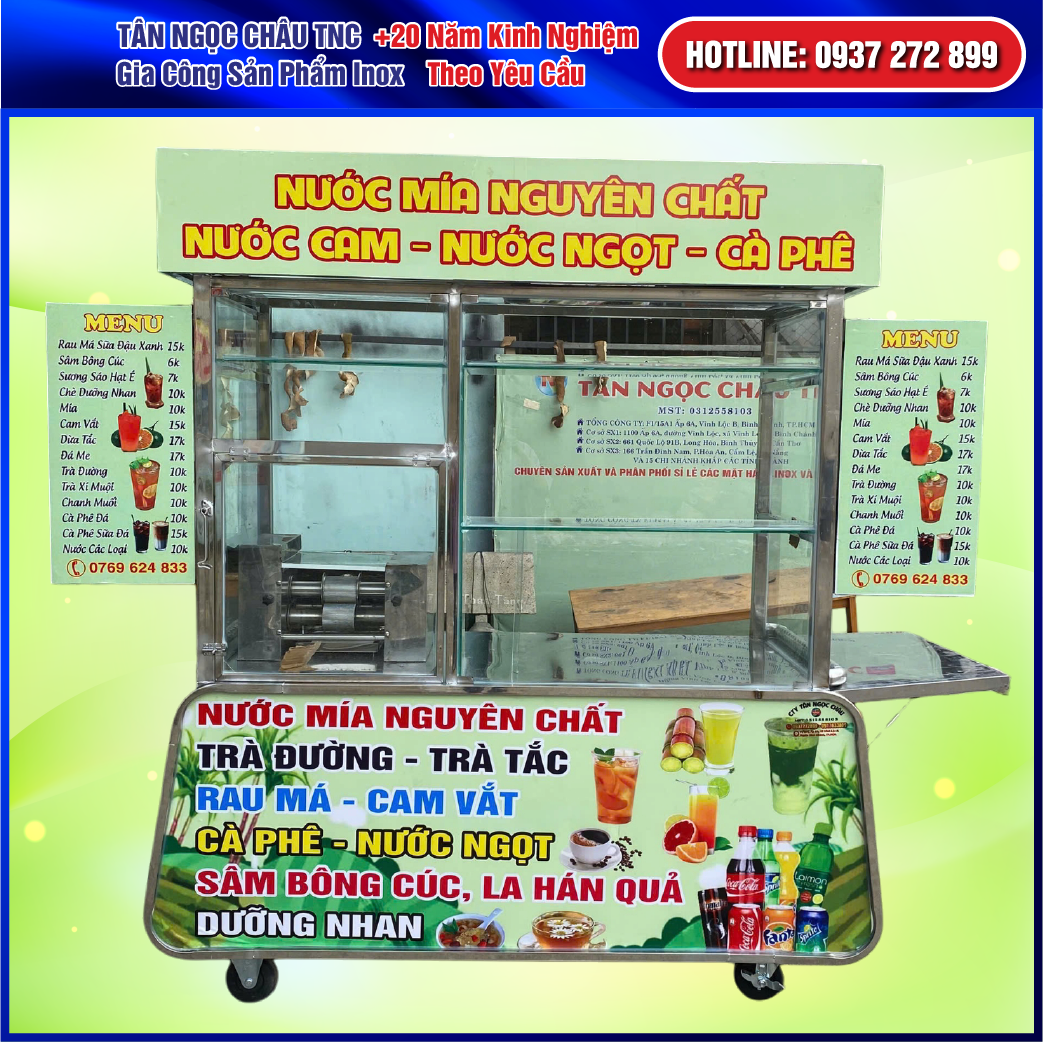 Xe Nước Mía 1m4 Tân Ngọc Châu: 3 Lô Kim Cương Ép Kiệt 99% - Thiết Kế Riêng Để Bán Kèm Nước Ép & Trà Sữa.